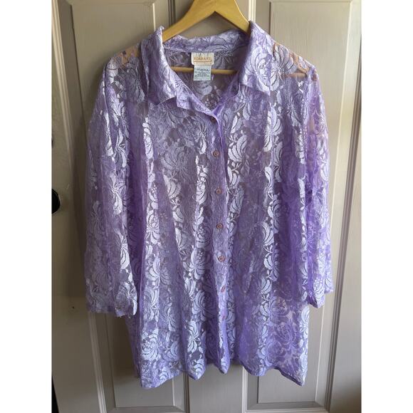 Vintage Roaman's Lace Like Sheer Button Up Blouse Size L - Picture 1 of 4